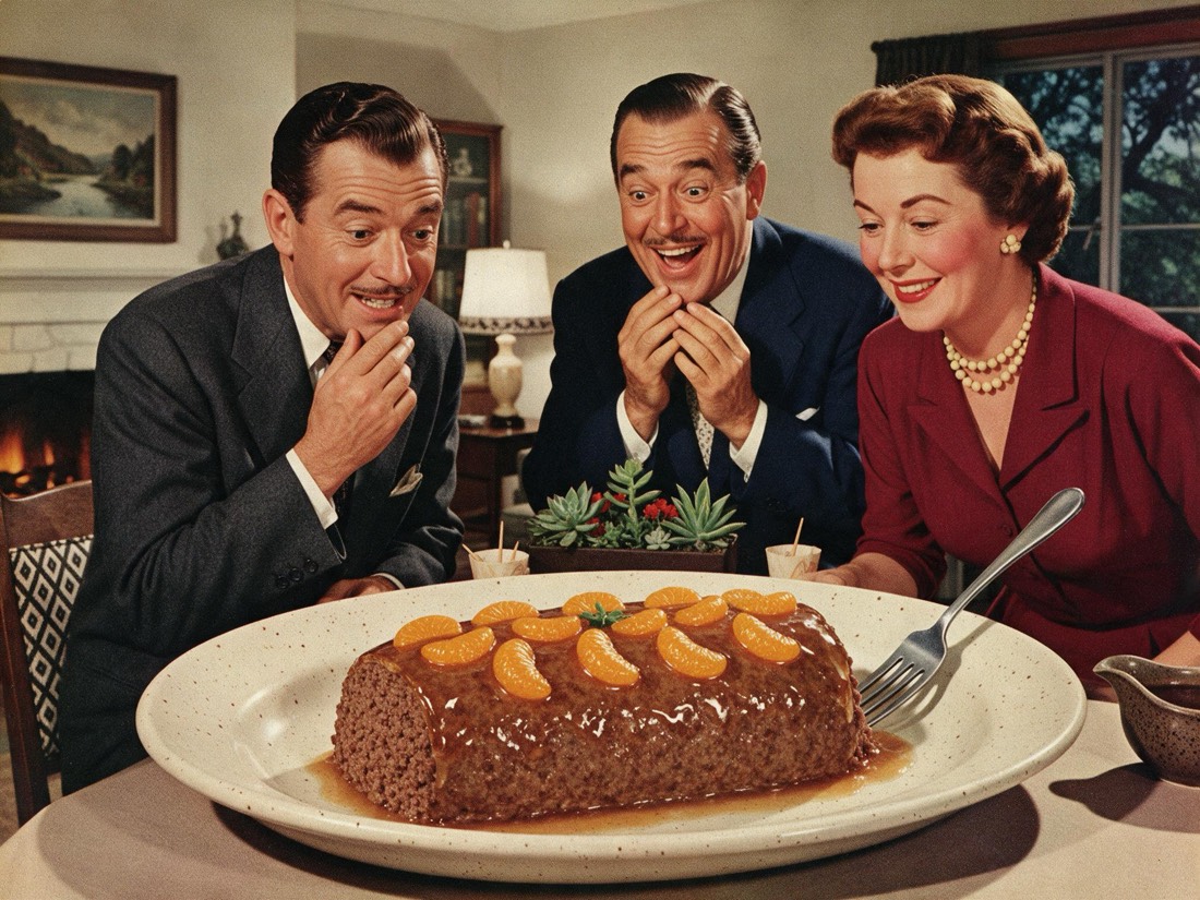 A gelatin-glazed beef log studded with mandarin oranges, admired by a husband and his boss.