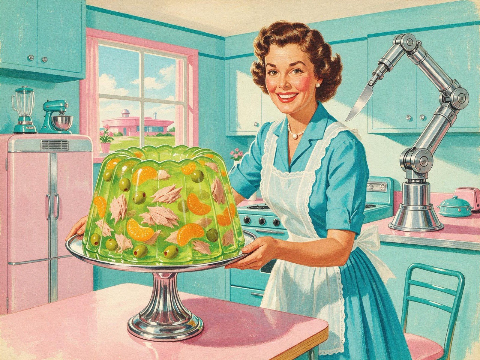 A smiling homemaker presents a towering lime Jibble ring mold with tuna, mandarin oranges and olives while a chrome kitchen arm waits with a knife.