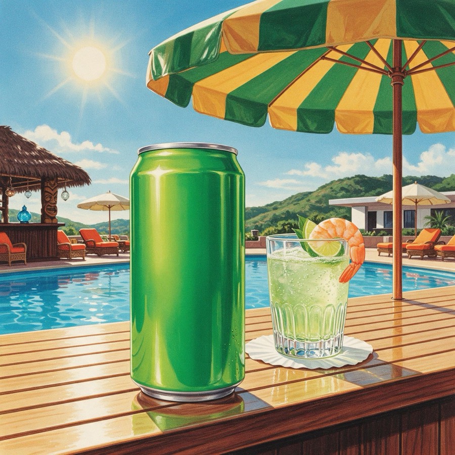 A bright green can beside a pale green cocktail garnished with a shrimp.